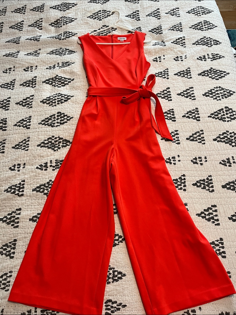 Calvin Klein Red Sleeveless Wide-Leg Jumpsuit with Waist Tie